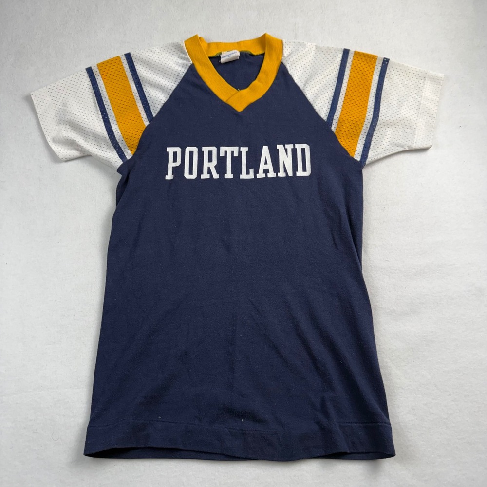 70s Vintage Champion Portland Jersey Shirt‎ Kids L 14-16 Navy Blue Raglan V-Neck